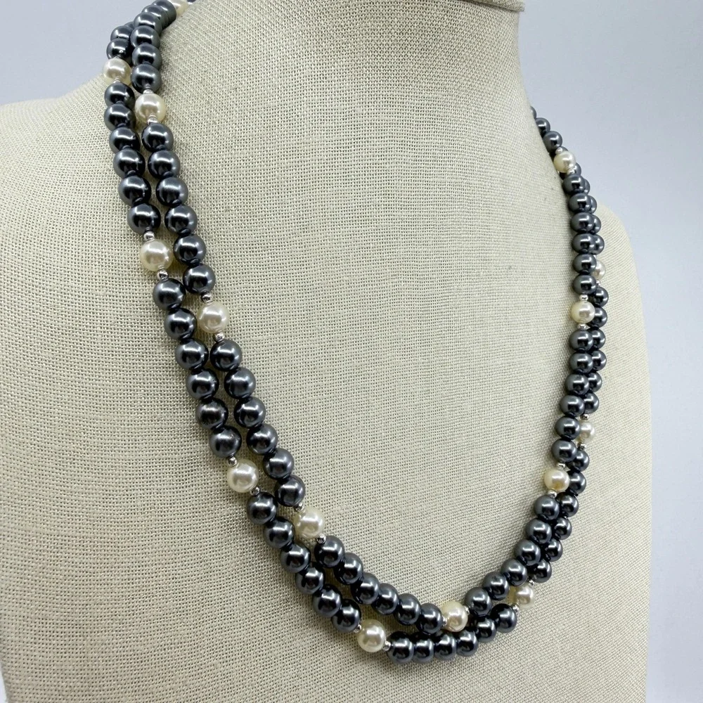 Gray Cream Faux Pearl Extra Long Wrap Necklace Silver Tone Boho Statement Gift